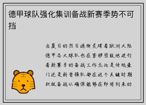 德甲球队强化集训备战新赛季势不可挡